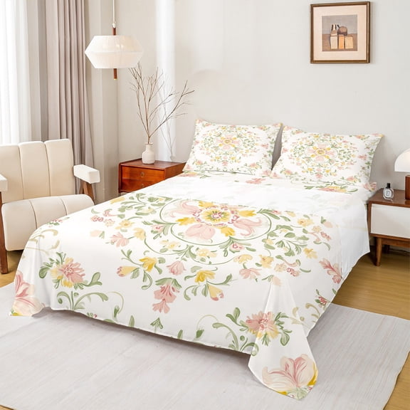 Homewish Chic Flowers 4 Pieces Queen Sheet Sets for Female Men Adults,Bohemian Floral Ultra Soft Flat Sheet,Exotic Style Queen Fitted Sheet,Super Cozy Room Decor