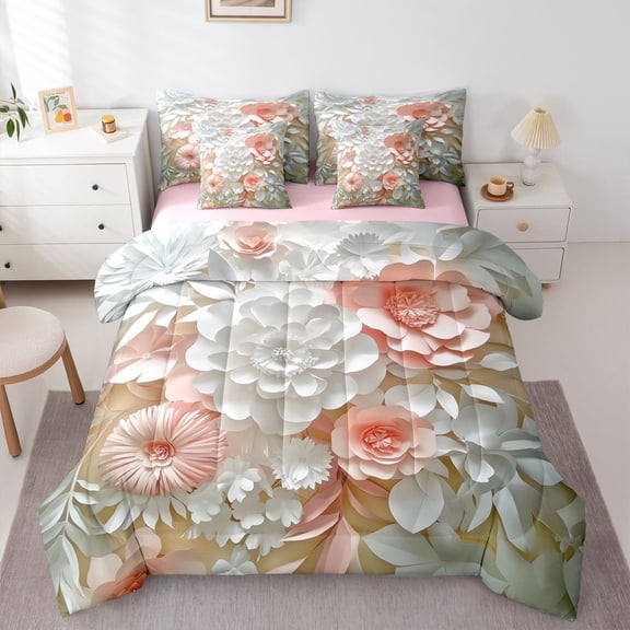 Homewish Chic Flowers 7-Piece Twin Bedding Sets for Female Men Women,Pink White Floral Bedding Comforter Set,Spring Graden Breathable Sheet Sets,Breathable Home Decor,Reversible