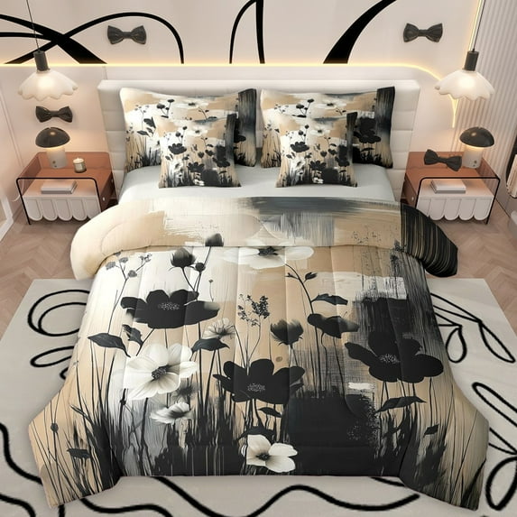 Homewish Chic Flowers 7-Piece Twin Bedding Sets For Kids Teens Female Girls,Chic Floral Blossoms Bedding Comforter Set,Abstract Retro Vintage Breathable Sheet Sets,Lightweight Room Decor,Reversible