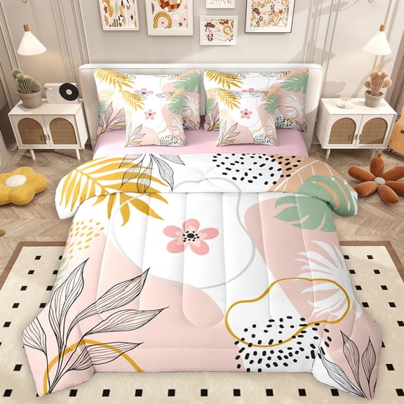 Homewish Chic Flowers 7-Piece Twin Bedding Sets For Teens Boys Girls,Botanical Plants Bedding Comforter Set,Vintage Aesthetic Breathable Sheet Sets,Lightweight Room Decor,Reversible