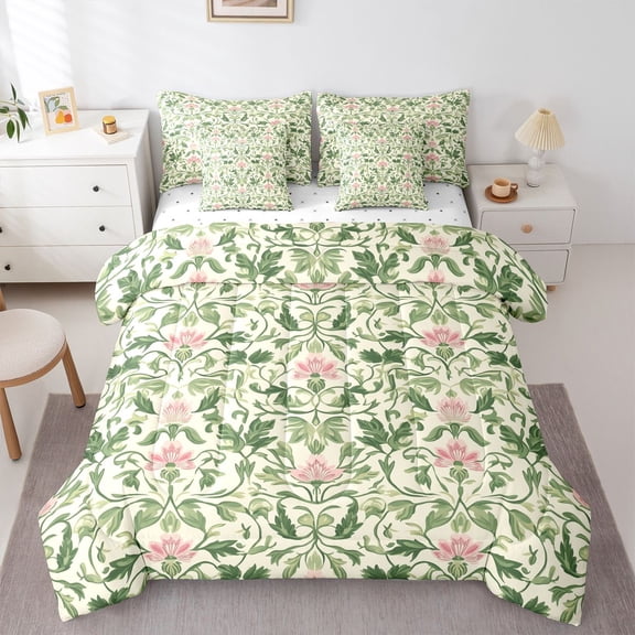 Homewish Chic Flowers 7-Piece Twin Bedding Sets For Teens Female Girls,Spring Garden Bedding Comforter Set,Green Pink Breathable Sheet Sets,Lightweight Room Decor,Reversible