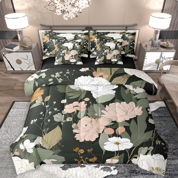 Homewish Chic Flowers 7 Pieces Bedding Comforter Set For Kids Teens Adults,Spring Garden Full Bedding Set Lightweight,Abstract Retro Vintage Fitted Sheet Flat Sheet,Ultra Soft Home Decor,Reversible