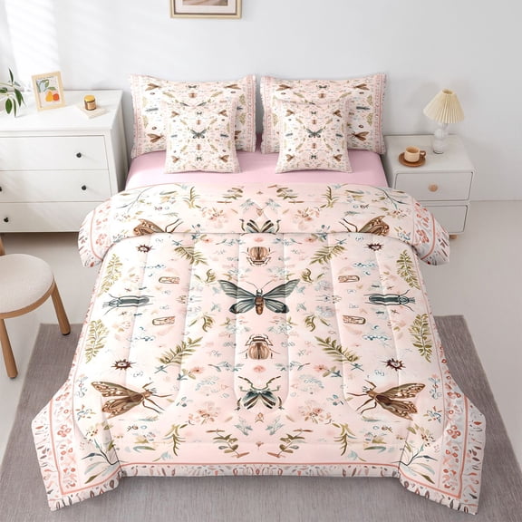 Homewish Chic Flowers 7pcs Bedding Comforter Set For Children Teens Adults,Tree Leaves Queen Bedding Sets Super Cozy,Flying Animals Queen Sheet Sets,Super Cozy Room Decor,Reversible