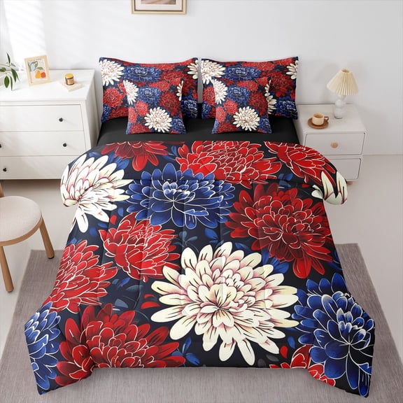 Homewish Chic Flowers 7pcs Bedding Comforter Set for Female Men Teens,Spring Graden Queen Bedding Sets Super Cozy,Exotic Style Floral Queen Sheet Sets,Luxury Bedroom Decor,Reversible