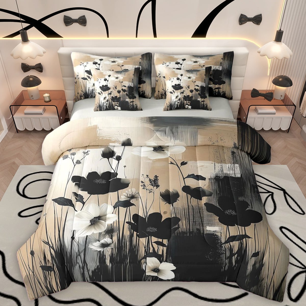 Homewish Chic Flowers 7pcs Bedding Comforter Set For Kids Teens Female Girls,Chic Floral Blossoms Queen Bedding Sets Super Cozy,Abstract Retro Vintage Queen Sheet Sets,Lightweight Room Decor