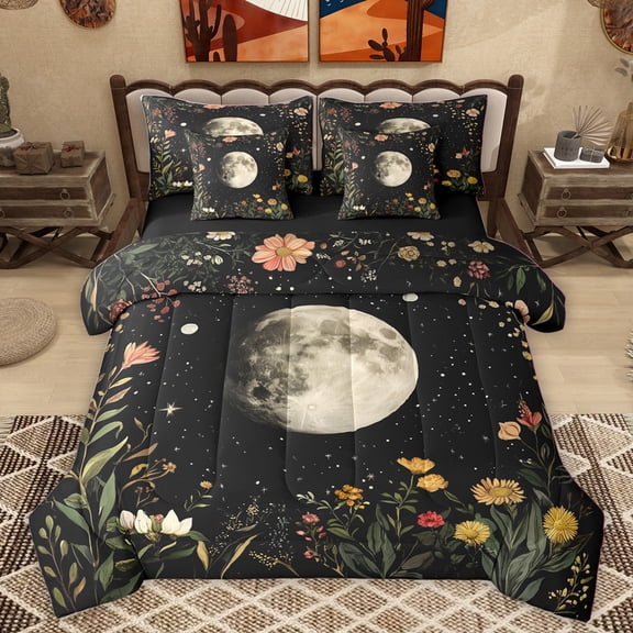 Homewish Chic Flowers Bedding Comforter Set 7-Piece for Female Men Women,Vintage Aesthetic King Bedding Sets,Botanical Plants Ultra Soft Bed Sheets,Starry Sky Ultra Soft Bed Sheets