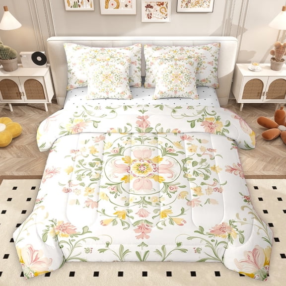 Homewish Chic Flowers Bedding Comforter Set 7pcs for Female Men Adults,Bohemian Floral Queen Bedding Sets Super Cozy,Exotic Style Queen Sheet Sets,Super Cozy Room Decor,Reversible