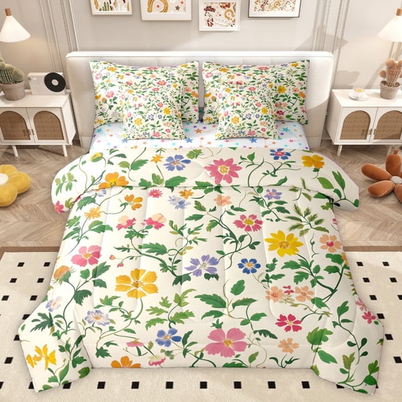Homewish Chic Flowers Boy Girl Bedding Comforter Set 7 Pieces,Retro Vintage Full Bedding Set Lightweight,Spring Garden Fitted Sheet Flat Sheet,Lightweight Room Decor,Reversible