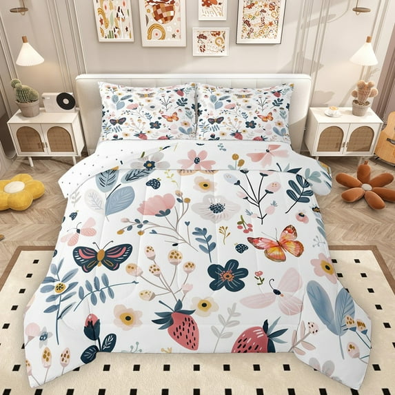 Homewish Chic Flowers Full Size Comforter Sets 3-Piece for Teens Boys Girls,Flying Butterflies Bedding Comforter Set,Kawaii Floral Strawberry Lightweight Bedding Sets,Lightweight Room Decor