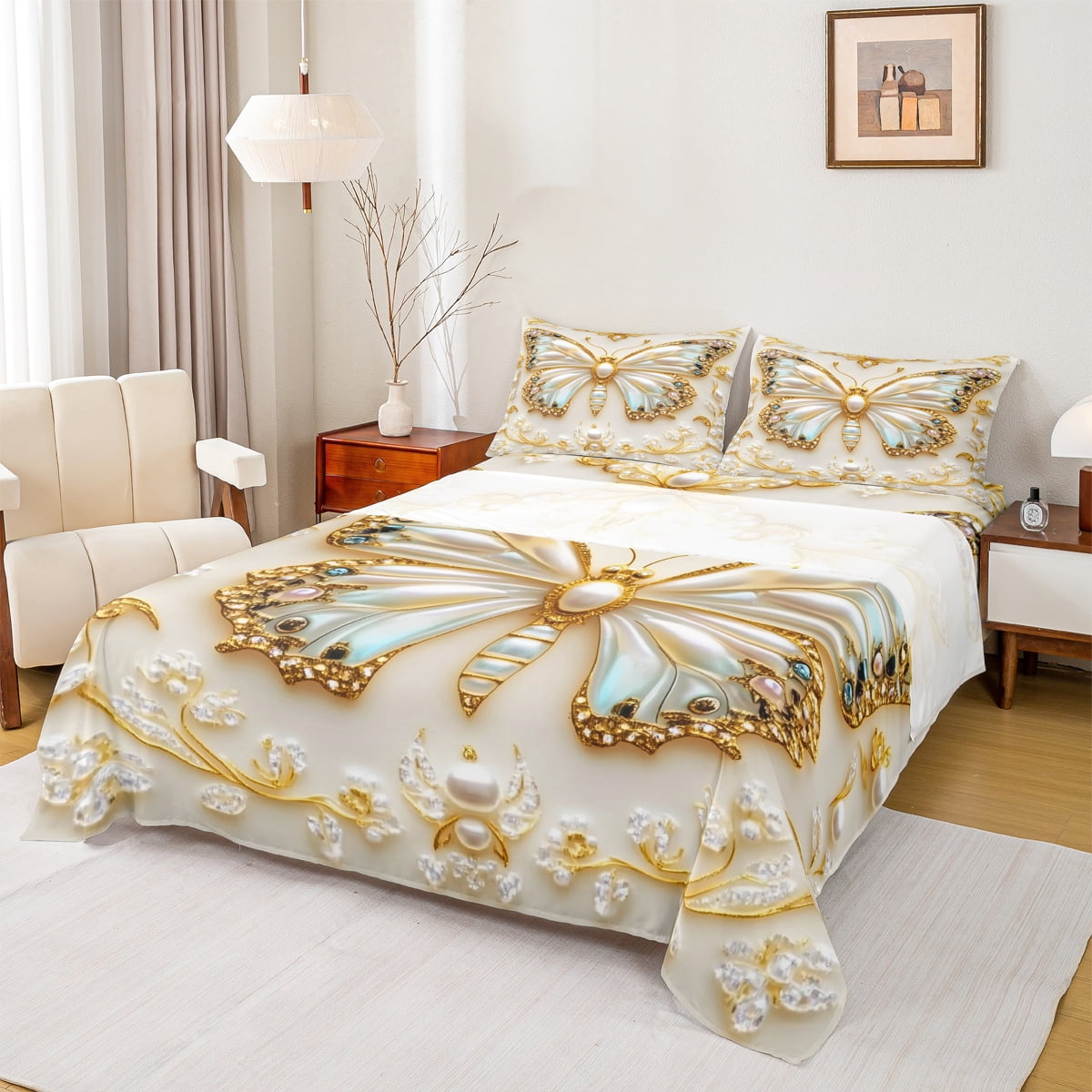 Homewish Chic Flying Butterfly 4 Pieces Queen Sheet Sets for Children Teens Girls,Dreamy Princess Ultra Soft Flat Sheet,Exotic Style Queen Fitted Sheet,Lightweight Room Decor