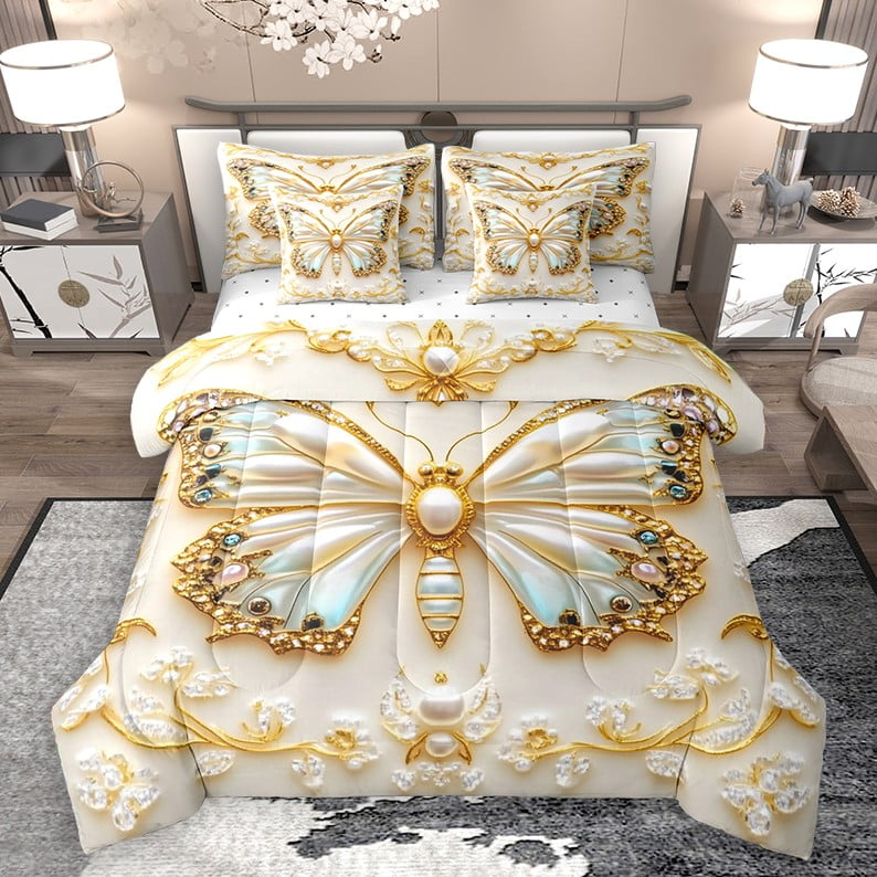 Homewish Chic Flying Butterfly 7-Piece Bedding Comforter Set for Children Teens Girls,Dreamy Princess King Bedding Sets,Exotic Style Ultra Soft Bed Sheets,Lightweight Room Decor,Reversible