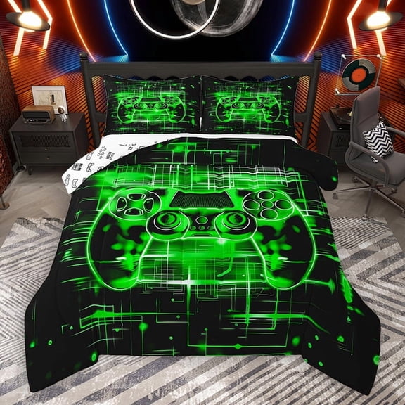 Homewish Chic Game Console Bedding Comforter Set, Black Green Cartoon Twin Comforter Sets, Teens Kids Boys Child Reversible Bedding Set, Lightweight Room Decor, 2-Piece