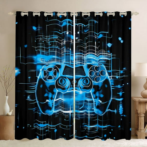Homewish Chic Game Console Black Out Curtains, Black Blue Cartoon Curtains Pack of 2 (42x63 Each), Teens Kids Boys Child Bedroom Curtains, Blackout Curtains Home Decor
