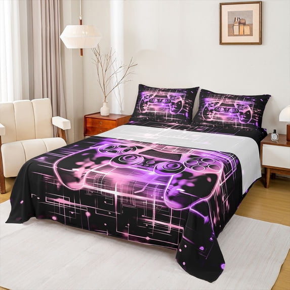 Homewish Chic Game Console Full Size Sheets, Pink Purple Cartoon Bed Sheets, Teens Kids Boys Child Sheet Sets, Breathable Home Decor, 4-Piece