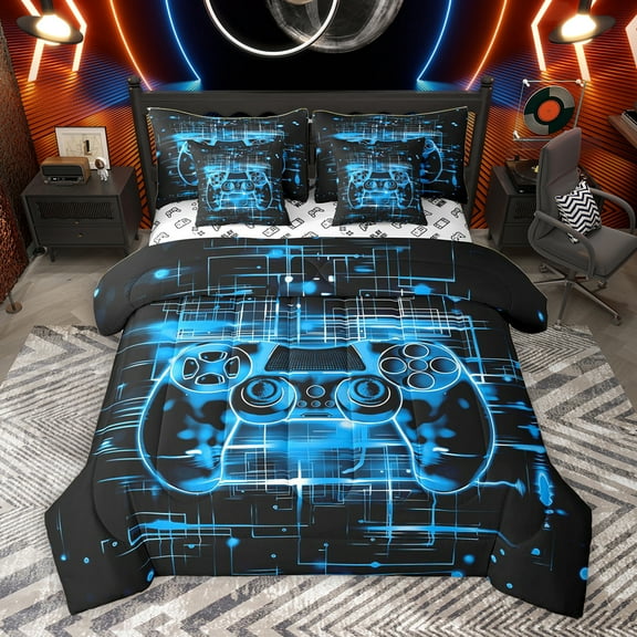 Homewish Chic Game Console Twin Bedding Sets 7-Piece, Black Blue Cartoon Bedding Comforter Set, Teens Kids Boys Child Reversible Sheet Sets, Breathable Home Decor