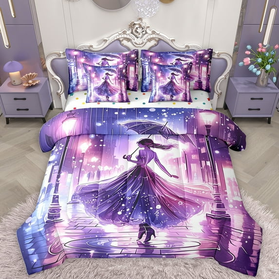Homewish Chic Girls 7pcs Bedding Comforter Set,Modern City Road Queen Bedding Sets,Purple Pink Queen Sheet Sets For Princess,Super Cozy Room Decor Reversible