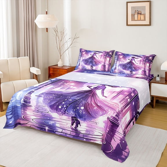 Homewish Chic Girls Twin Sheet Sets,Modern City Road Twin Fitted Sheet,Purple Pink Flat Sheet For Princess,Super Cozy Room Decor,3-Piece