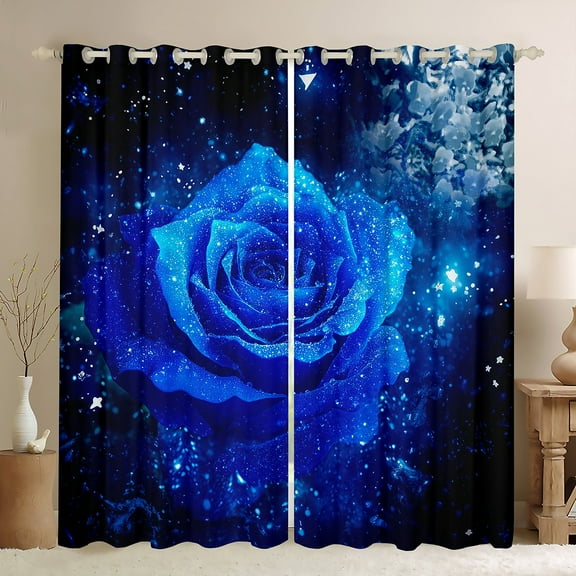 Homewish Chic Glitter Print Black Out Curtains,Romantic Blue Rose Curtains Pack of 2 (42x63 Each),Valentine'S Day Floral Bedroom Curtains For Adults,Ultra Soft Home Decor