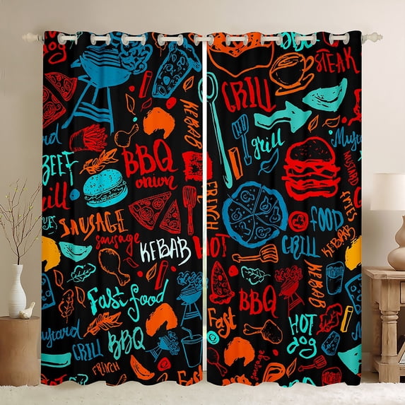 Homewish Chic Graffiti Artwork Black Out Curtains, Yummy Fast Food Curtains Pack of 2 (42x63 Each), Teens Kids Boys Girls Bedroom Curtains, Black Out Curtains Decor