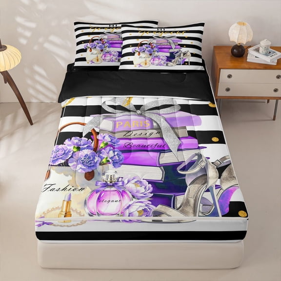 Homewish Chic High Heels Perfume Zipper Twin Comforter Sets with Fitted Sheet and 2 Pillowcases,Purple Romantic Flowers Zipper Bedding Set,Black Reversible,4pcs