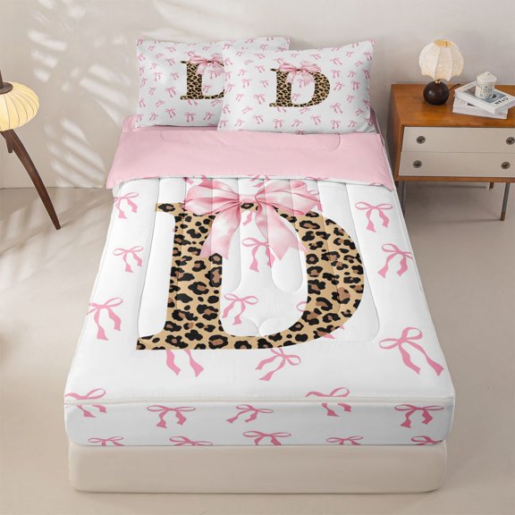 Homewish Chic Leopard Pattern Zipper Twin Comforter Sets with Fitted Sheet and 2 Pillowcases,Brown Alphabet D Zipper Bedding Set For Bowknot Girls,Reversible,4-Piece