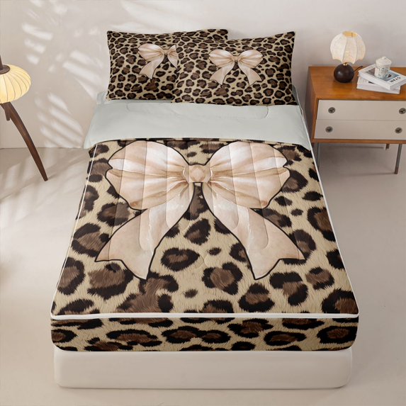 Homewish Chic Leopard Print Zipper Twin Comforter Sets with Fitted Sheet and 2 Pillowcases,Light Brown Bowknot Print Zipper Bedding Set For Bow Lovers,Lightgray Reversible,4-Piece