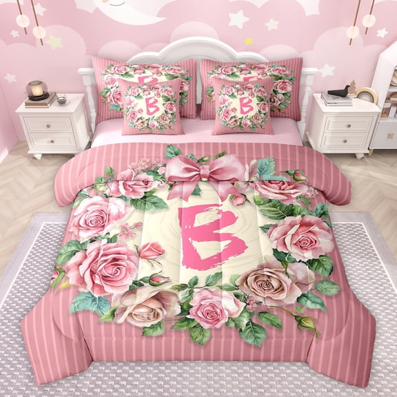 Homewish Chic Letter B Bedding Comforter Set 7 Pieces for Teens, Western Flower Floral Full Bedding Set, Vintage Fashion Style Reversible Fitted Sheet Flat Sheet, Breathable Home Decor