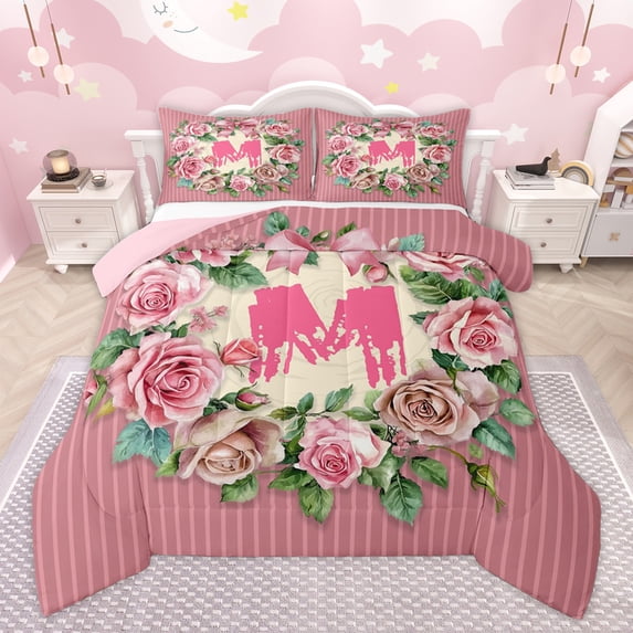 Homewish Chic Letter M Bedding Comforter Set for Teens, Western Flower Floral Twin Comforter Sets, Vintage Fashion Style Reversible Bedding Set, Microfiber Bedroom Decor, 2-Piece