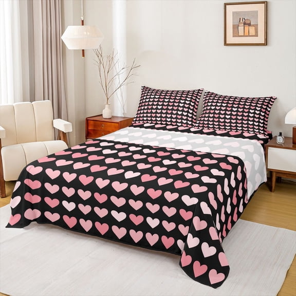 Homewish Chic Love Heart Bed Sheets for Kids, Black Pink King Sheets, Fashion Cartoon Style Sheet Set, Lightweight Room Decor, 4pcs
