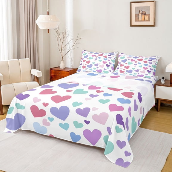 Homewish Chic Love Heart Bed Sheets for Kids, White Purple King Sheets, Fashion Cartoon Style Sheet Set, Super Cozy Room Decor, 4-Piece