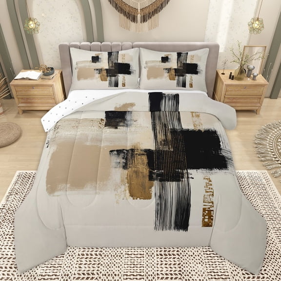 Homewish Chic Minimalst Teens Queen Comforter Set, Modern Brush Strokes Bedding Sets, Abstract Art Printing Reversible Bedding Comforter Set, Ultra Soft Bedroom Decor, 3pcs