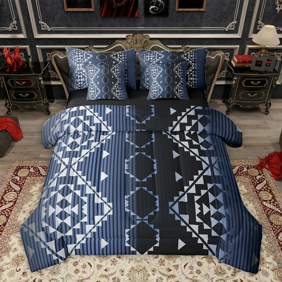 Homewish Chic Navy Stripes Bedding Comforter Set 7pcs, Aztec Triangle Abstract King Bedding Sets, Vintage Bohemian Style Reversible Bed Sheets, Ultra Soft Bedroom Decor