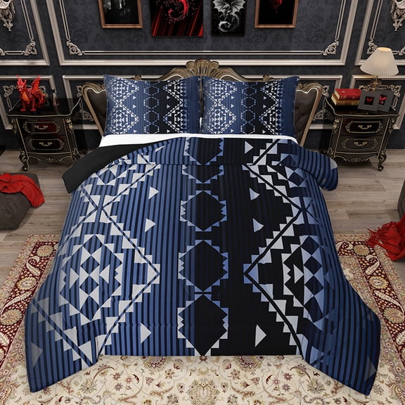 Homewish Chic Navy Stripes Queen Comforter Set, Aztec Triangle Abstract Bedding Sets, Vintage Bohemian Style Reversible Bedding Comforter Set, Ultra Soft Bedroom Decor, 3pcs