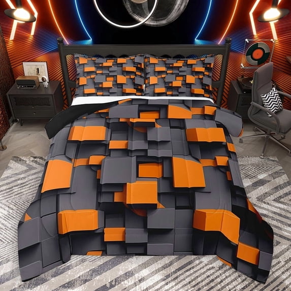 Homewish Chic Orange Square Bedding Comforter Set for Adult, Futuristic Abstract Ombre Twin Comforter Sets, Modern Fashion Reversible Bedding Set, Lightweight Room Decor, 2-Piece