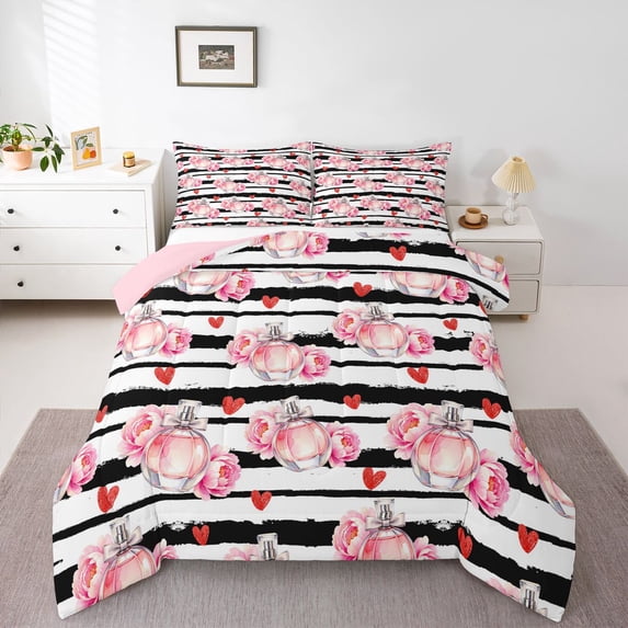 Homewish Chic Perfume Queen Comforter Set For Girls,Heart Stripes Comforter Sets Queen,Pink Red,Pink Reversible,3pcs,1 Comforter and 2 Pillowcases