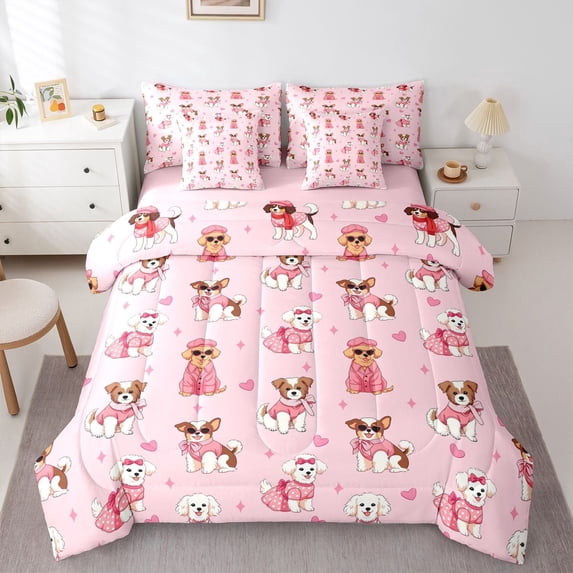Homewish Chic Pet Dog 7-Piece Twin Bedding,Cartoon Animal Bedding Comforter Set,Pink,Pink Reversible