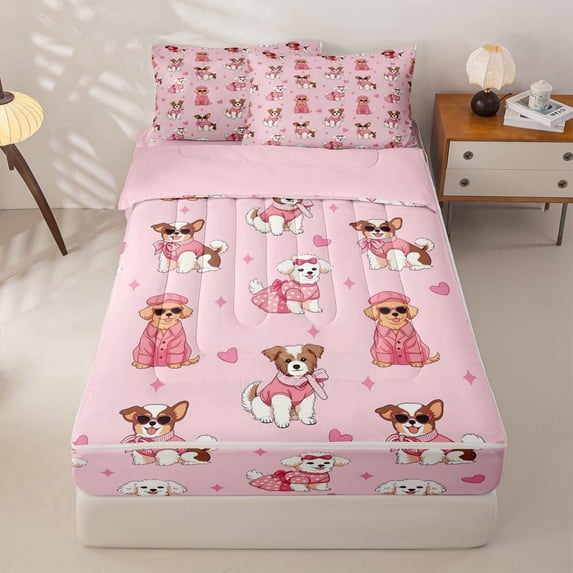 Homewish Chic Pet Dog Zipper Full Size Comforter Sets with Fitted Sheet and 2 Pillowcases,Cartoon Animal Zipper Bedding Set,Pink,Pink Reversible,4pcs