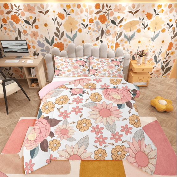 Homewish Chic Pink Flowers 2pcs Bedding Comforter Set For Teens Female Girls,Spring Garden Twin Comforter Sets,Exotic Style Breathable Bedding Set,Lightweight Room Decor,Reversible