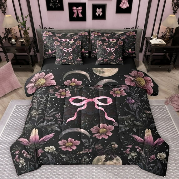 Homewish Chic Pink Flowers 7-Piece Twin Bedding Sets For Teens Boys Girls,Kawaii Cute Bow Bedding Comforter Set,Exotic Style Breathable Sheet Sets,Lightweight Room Decor,Reversible