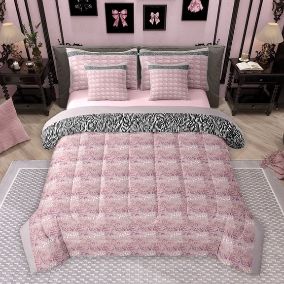 Homewish Chic Pink Leopard Print Twin Bedding Sets 7-Piece, Zebra Cheetah Animal Bedding Comforter Set, Teens Kids Adult Women Reversible Sheet Sets, Microfiber Bedroom Decor