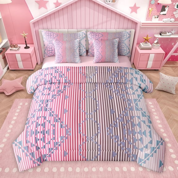 Homewish Chic Pink Stripes Twin Bedding Sets 7-Piece, Aztec Triangle Abstract Bedding Comforter Set, Vintage Bohemian Style Reversible Sheet Sets, Ultra Soft Bedroom Decor