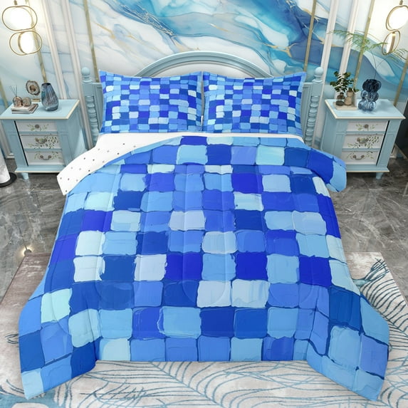 Homewish Chic Plaid Buffalo Queen Comforter Set for Teen, Dodger Blue Oil Printing Bedding Sets, Modern Fashion Style Reversible Bedding Comforter Set, Microfiber Bedroom Decor, 3 Pieces
