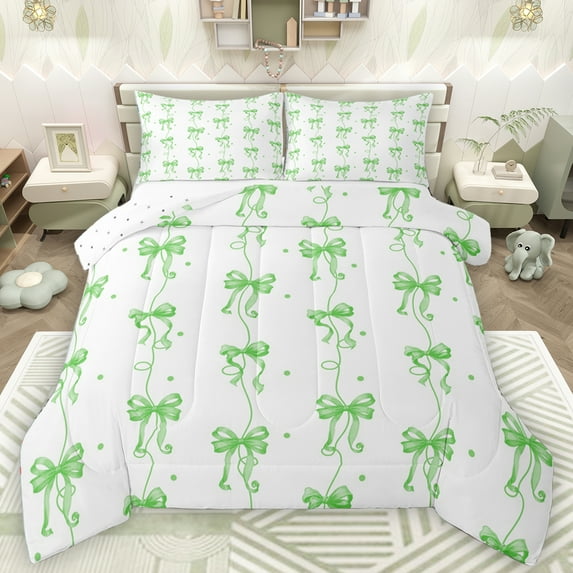 Homewish Chic Polka Dot Bedding Comforter Set,Kawaii Bowknot Ribbon Twin Comforter Sets,Green White Bedding Set For Girls Kids,Luxury Bedroom Decor Reversible,2 Pieces