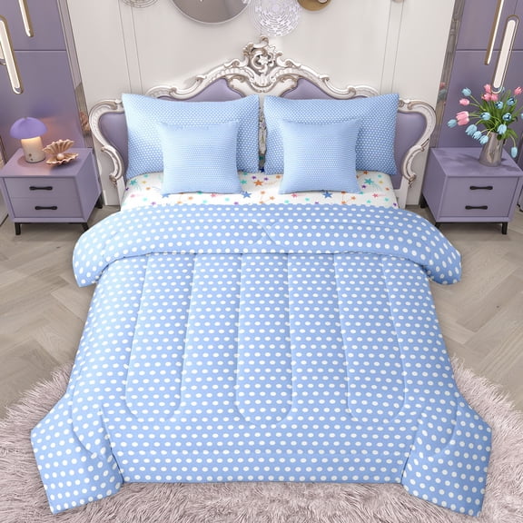 Homewish Chic Polka Dots 7pcs Bedding Comforter Set,Modern Minimalsit Geometric Queen Bedding Sets,Blue White Queen Sheet Sets For Boys Girls,Ultra Soft Home Decor Reversible