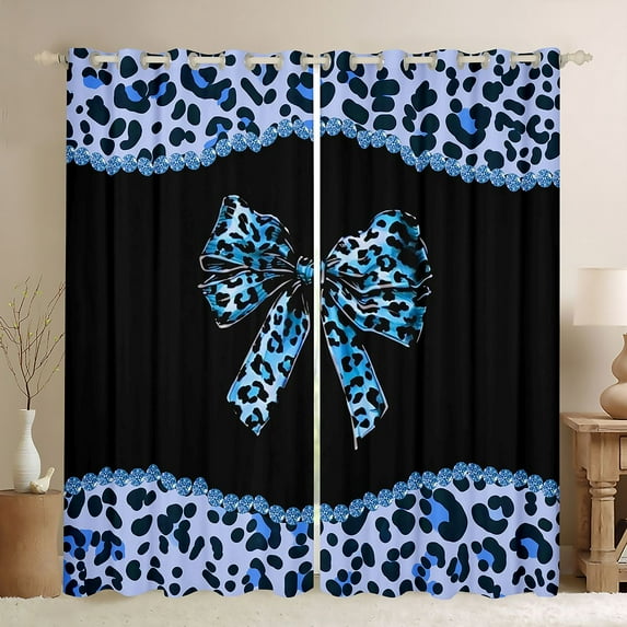 Homewish Chic Princess Bow-tie Black Out Curtains, Blue Cheetah Leopard Print Curtains Pack of 2 (42x63 Each), Modern Fashion Polkadots Bedroom Curtains, Black Out Curtains Room Decor