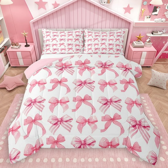 Homewish Chic Princess Ribbon Bedding Comforter Set for Child, Cute Cartoon Bow-tie Twin Comforter Sets, Girly Pink Bowknot Reversible Bedding Set, Breathable Home Decor, 2 Pieces