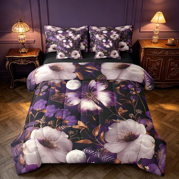 Homewish Chic Purple Butterfly Twin Bedding for Girls, Spring Flower Bedding Comforter Set, Black Reversible 7 Pieces
