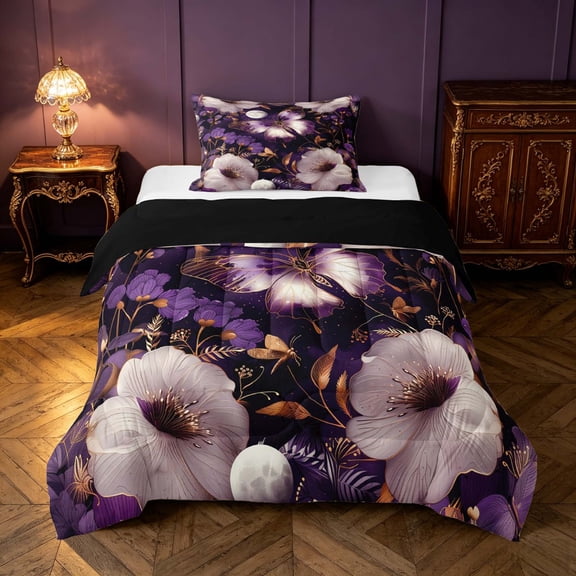 Homewish Chic Purple Butterfly Twin Comforter Sets for Girls, Spring Flower Bedding Set, Black Reversible 2pcs, 1 Comforter and 1 Pillowcase