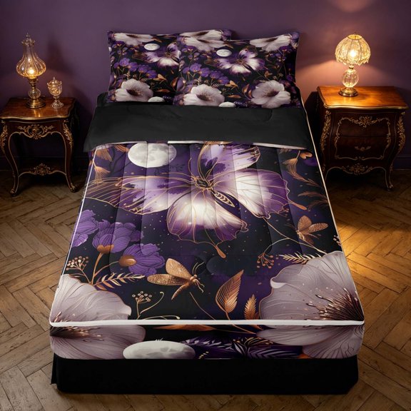 Homewish Chic Purple Butterfly Zipper Twin Comforter Sets with Fitted Sheet and 2 Pillowcases for Girls, Spring Flower Zipper Bedding Set, Black Reversible