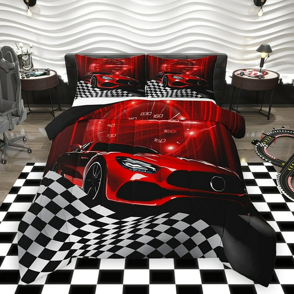 Homewish Chic Red Automobile Full Size Comforter Sets, Modern Checkered Flag Bedding Comforter Set, Extreme Sports Lover Reversible Bedding Sets, Lightweight Room Decor, 3pcs